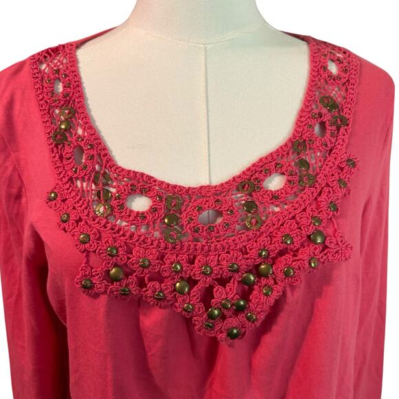 Charter Club Top Coral Embroided Beads Long Sleeve Peasant Art Cottage SZ Med - Picture 2 of 7